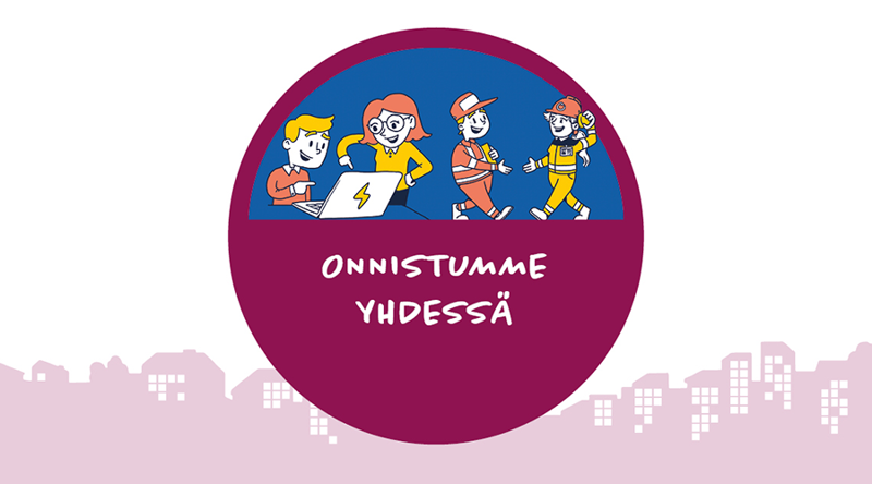 Piirretyt hahmot juttelevat iloisesesti keskenään ja kättelevät. Keskellä kuvaa on otsikko "Onnistumme yhdessä".